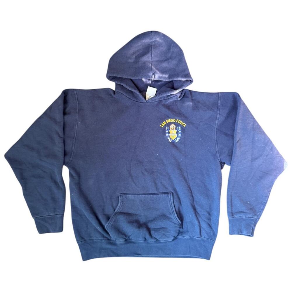 Vintage San Diego Police embroidery Navy blue Fruit of the Loom hoodie Size XL
